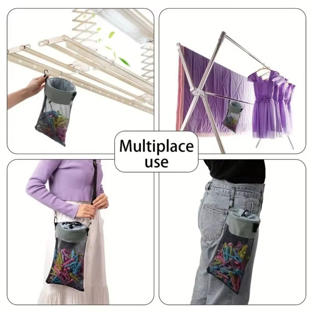 Drawstring Closure Beach Bag Portable Hanging Grid Bag Clothespin Storage Bag  Clothes Pins Storage