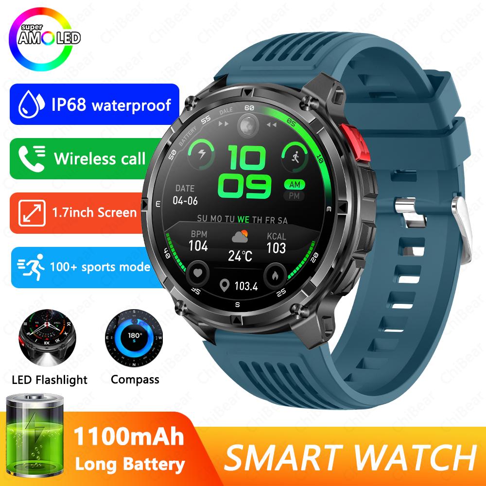 

New 1100mAh Outdoor Sport Smartwatch Man LED Flashlight Compass Heart Rate Health Monitoring Bluetooth Call Smart Watch Men