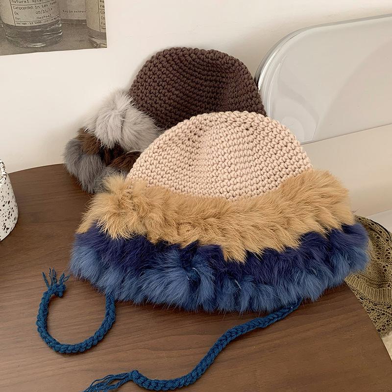 Autumn and Winter Women's Rabbit Fur Knitted Hat Warm Wool Hat  Korean Style Sweet and Cute Plush Ear Protecting Headband Hat