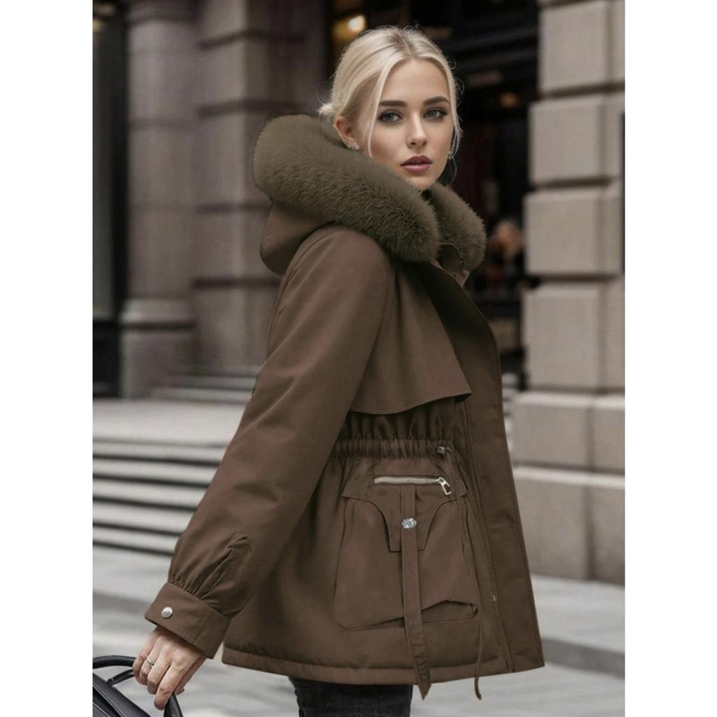 Women's Winter Detachable Fur Collar Parka, Short Hooded Waist-cinched Warm Coat With Pockets