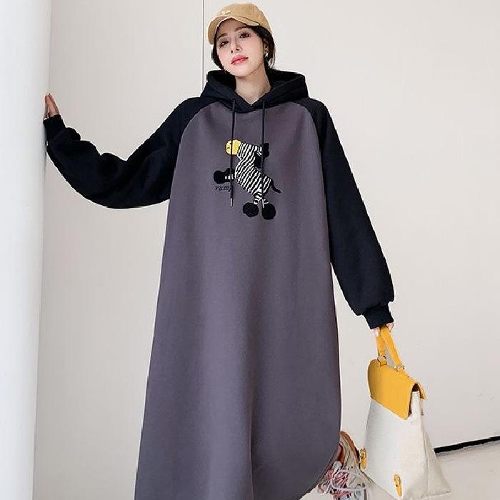 Long Sleeve Dress Women's Spring and Autumn New Small Loose and Skinny Hooded Wear Dress Large Size Knee Long Skirt
