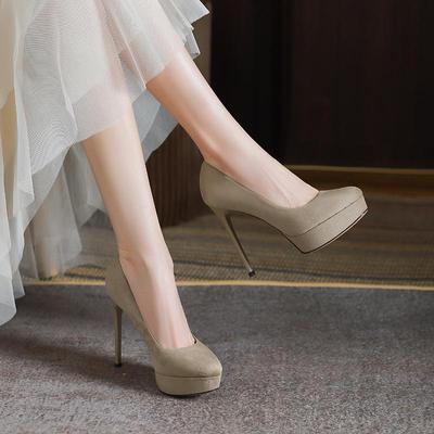 136-2 Waterproof Suede Round Toe Stiletto Ultra High Heels for Women
