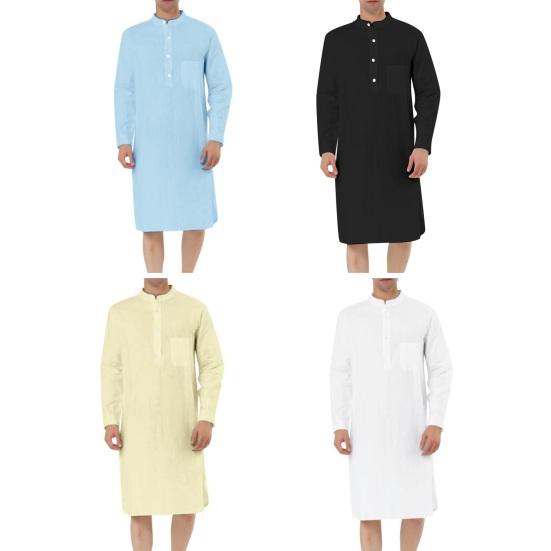 Männer Hemd Robe Langarm Stehen Kragen Patch Tasche Halb einreiher Einfarbig Knie Länge Männer Frühling Herbst top