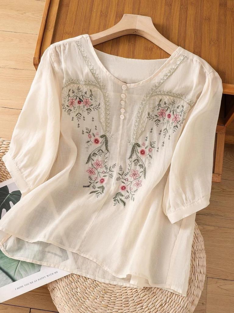Embroidered Cotton Linen Short Sleeve Chinese Blouse for Women - Loose, Slimming, and Versatile