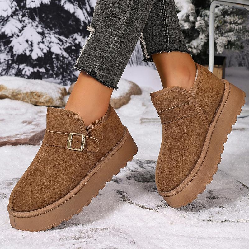 Модні зимові черевики до щиколотки на товстій підошві з прикрасою у вигляді пряжки для жінок 2025, снігові черевики на платформі зі штучної замші, жіночі бавовняні черевики на короткому плюші, що надягаються