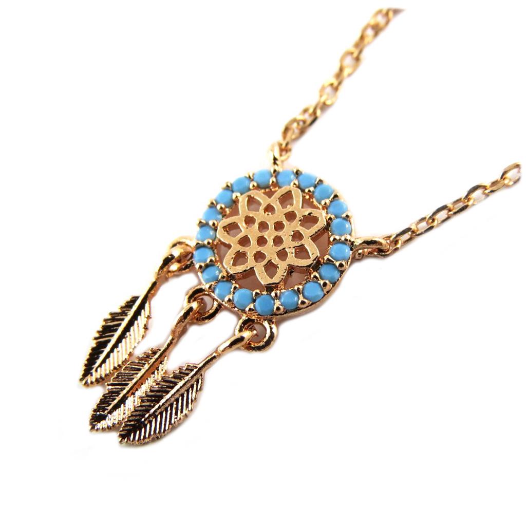7bis [Q0984] - Handmade 'Boho' Necklace (dreamcatcher) Pinkish Gold Turquoise - 15x8 Mm