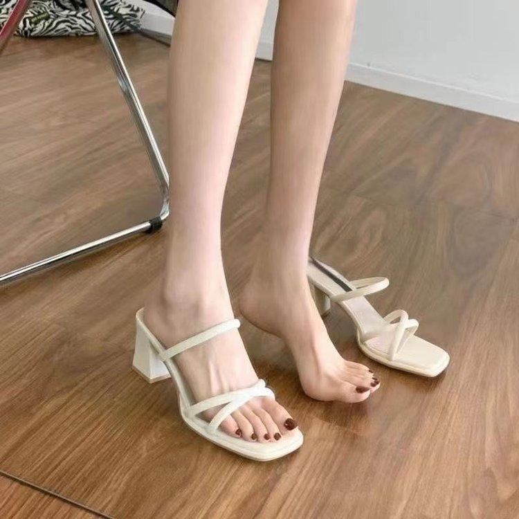 Korean Version of Thick-heeled Square-headed One-word Slippers for Women In the Summer of 2025, New Simple Temperament, Small Fragrant Style, High-hee