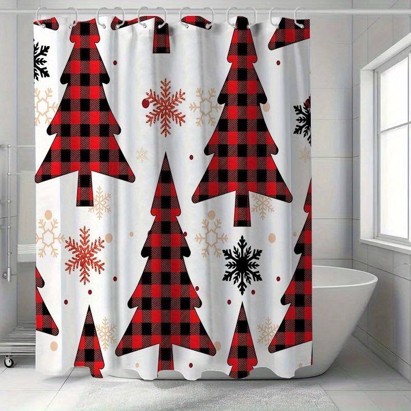 1Pc Red And Black Plaid Snowflake Pattern Shower Curtain, Polyester Fabric, Machine Washable, Suitable For Bathroom Decoration