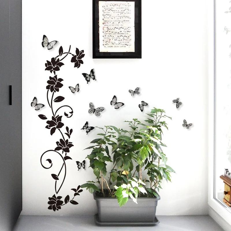 Fashion 3D Home Wall Fashion Decor Butterfly Wall Stickers Black Flower Rattan Living Room Background Room Wall Stickers Dark