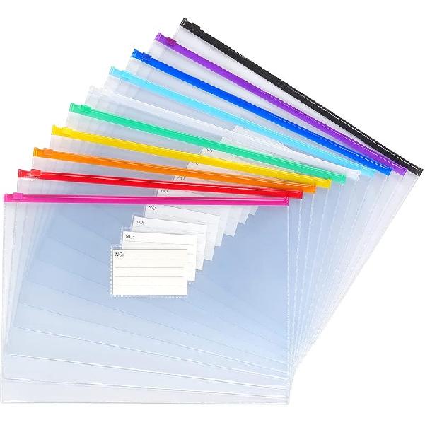 Tamaki 10 Pack Zipper Plastic Envelopes, Small Plastic Envelopes, A6 Size for Pencil Case Bulk, Bill Bag, 10 Color (9x4.7 Inch)