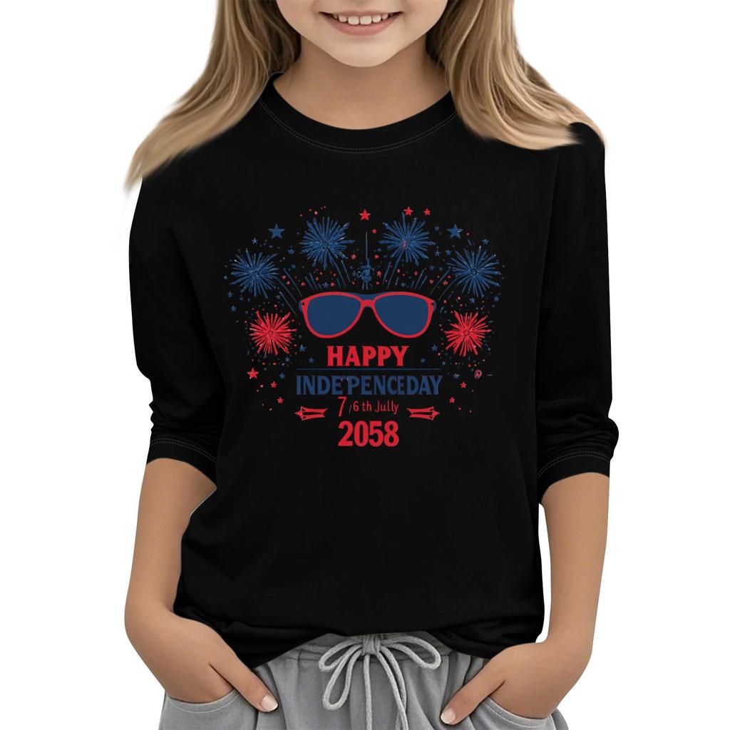 Tricou casual cu mâneci 3/4 pentru copii, cu gât rotund și imprimeu pentru Ziua Independenței