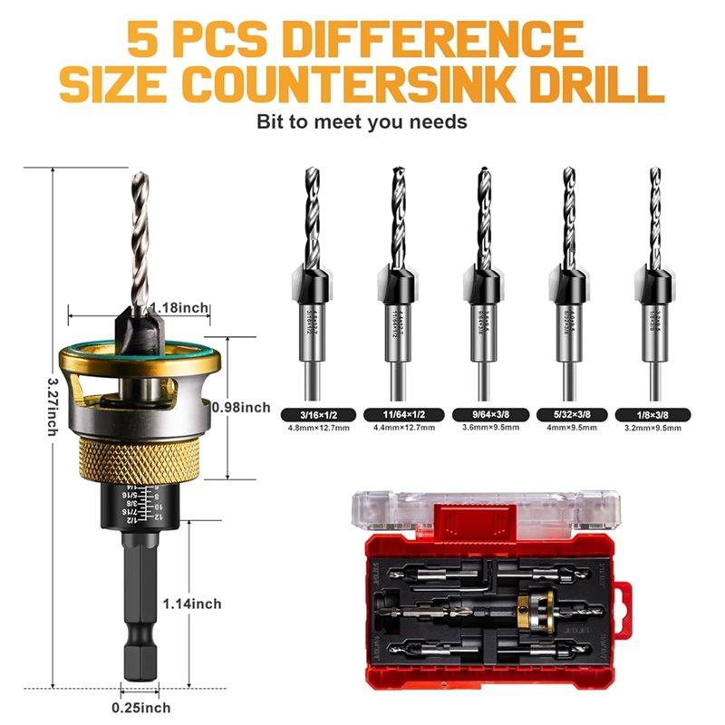 Countersink Drill Bit Set-5 Pcs 82° Counterbores 1/4" Hex Shank Countersink Bits With Depth Stop Collar-B61B