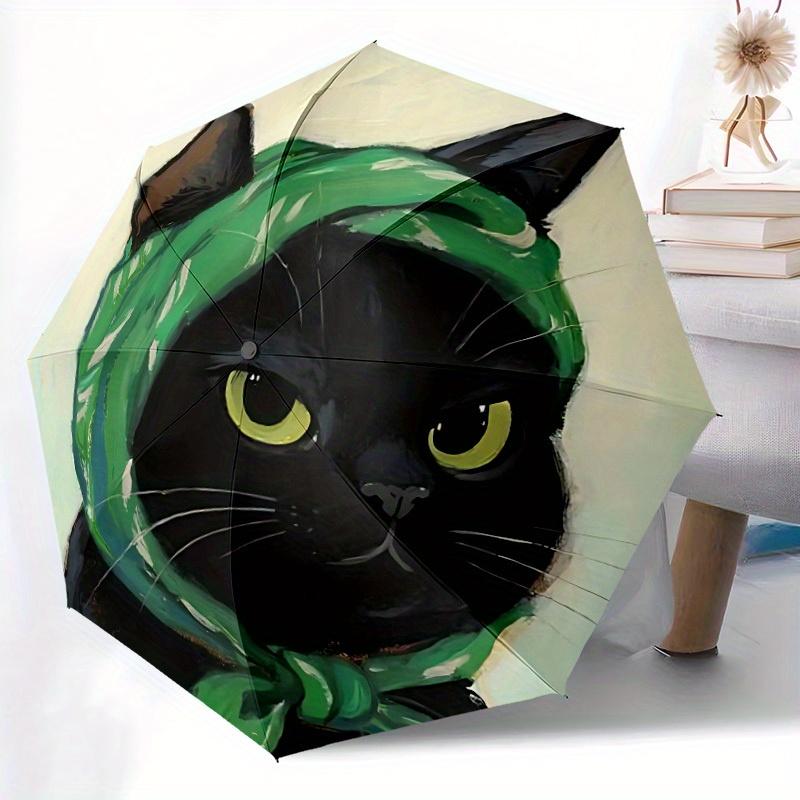 1pc Cat Green Automatic Open/close Umbrella, 8-Rib Sturdy Structure, Portable Travel Umbrella, Parties, Everyday Use, Outdoor Accessory, Art