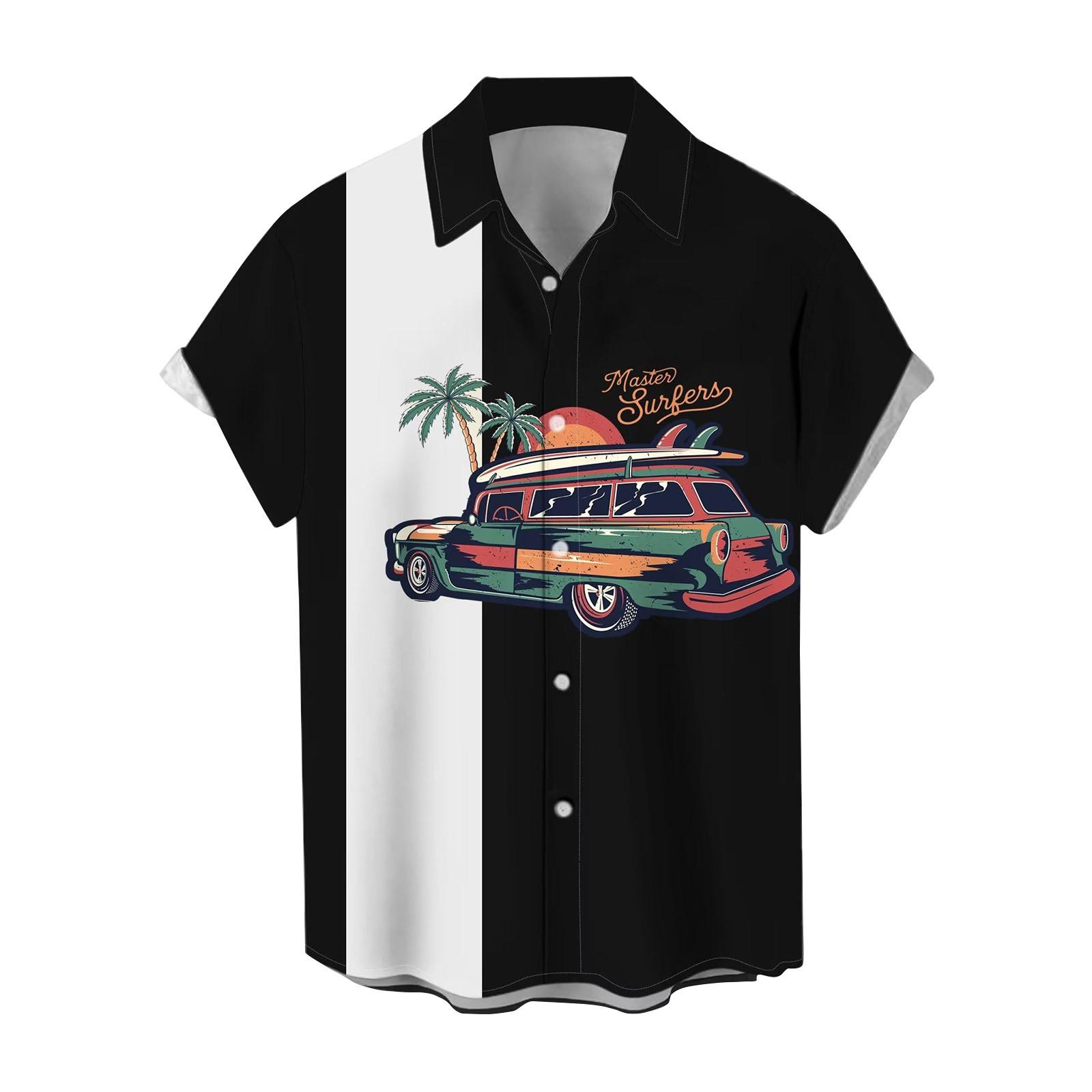 

Гавайская рубашка для мужчин, мужские винтажные рубашки для боулинга на пуговицах, летняя пляжная рубашка с коротким рукавом L чёрный