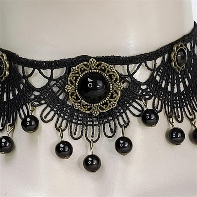 Gothic Lace Floral Choker for Women Choker Handmade Collar with Dangling Beads Adjustable for Bachelorette Party Wedding
