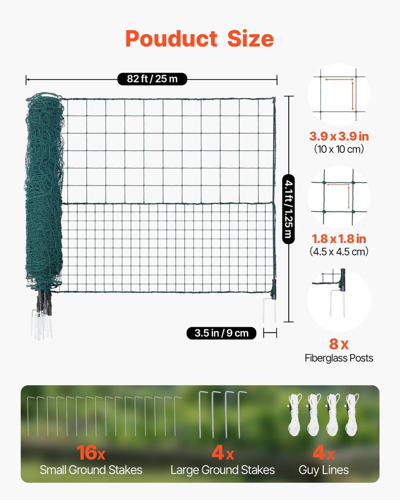Temporary Fence with Posts, 1.25 x 25m Plastic Mesh Fencing, Garden Safety Fences Netting with Double-Spike Stakes & Guy Ropes, Temporary Fence for