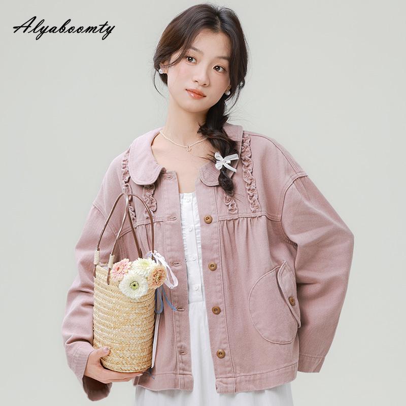 

Джинсовая куртка в японском стиле для женщин на весну-осень, с воротником Питер Пэн, белая, розовая, оверсайз, милое хлопковое пальто для девочки, свободная верхняя одежда S розовый