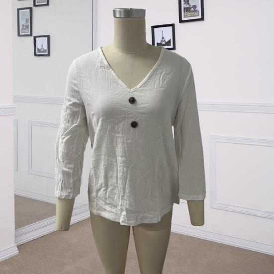 Women Tops Loose Fit V Neck 3/4 Sleeves Pullover Tops Button Decor Pure Color Summer Casual T-shirt Daily Wear