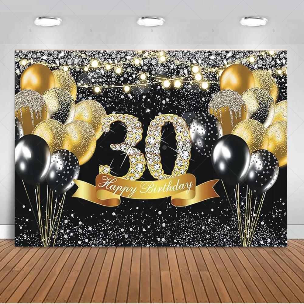 30th Birthday Party Decorations 30 Years Old Backdrop Supplies Black Gold Balloons Glitter Background Banner Photography Props