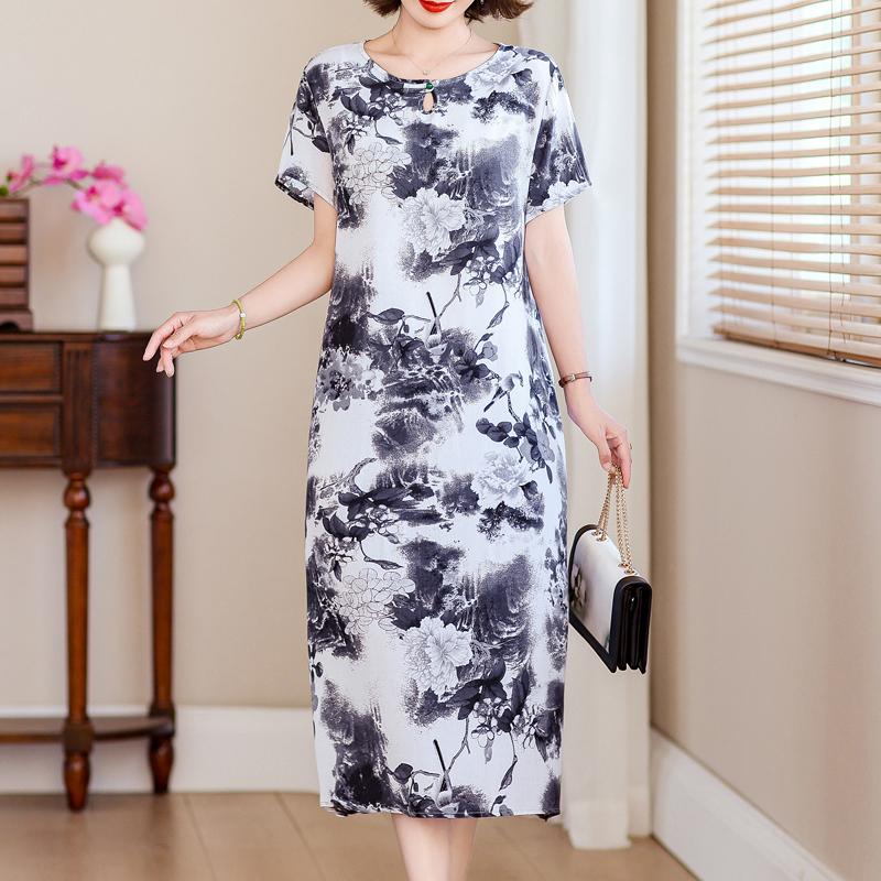 Elegant Long Dresses for Women Plus Size Loose Short Sleeve Vintage Dress Summer Middle-aged Women's Clothing