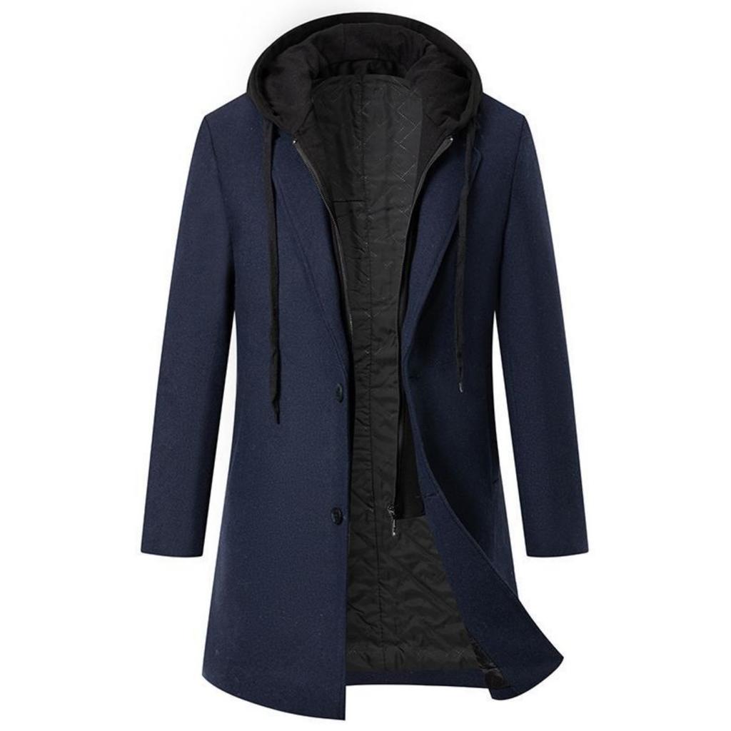 Autumn Winter Men's Thickened Padded Wool Hooded Overcoat, Fake Two-piece Mid-length Warm Parka Jacket