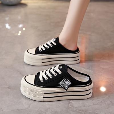 Canvas Half Slippers Women's Summer Wear 2025 New Internet Celebrity Feeling Thick Bottom Heightened No Heel Lazy
