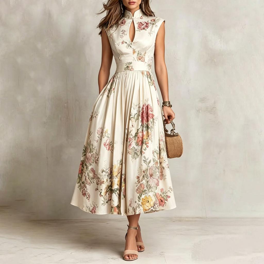 European and American women's clothing, temperament sleeveless digital printing long dress three-dimensional flower slim dress