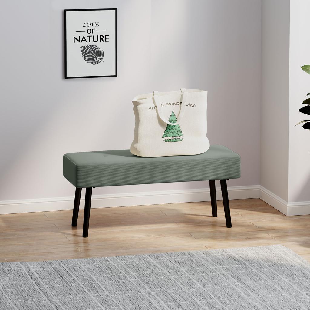 End of Bed Bench, Corduroy Bedroom Bench with Thick Padding and Steel Legs, Tufted Window Seat for Entryway, Living Room, Green