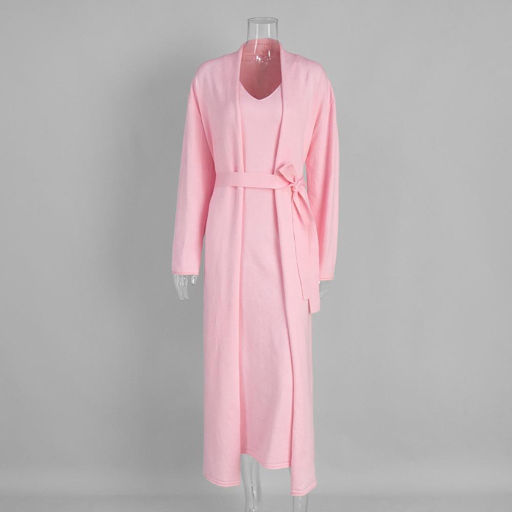 Women's Relaxed Two Piece Knit Set Long Sleeve Maxi Cardigan V Neck Sleeveless Midi Dress Outfit
