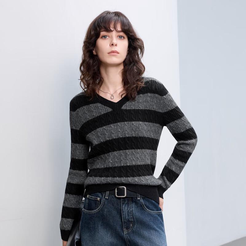 Women's Striped V-Neck Cable Knit Sweater