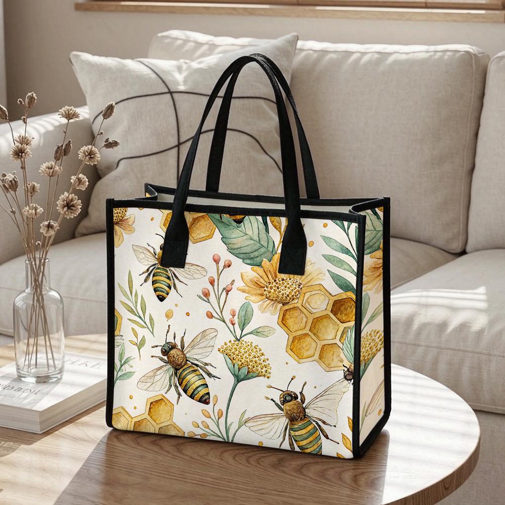 Honey Bee Floral Print Tote Bag Fashion Casual Daily Carry Bag Cute Shoulder Bag for Women Outdoor Shopping