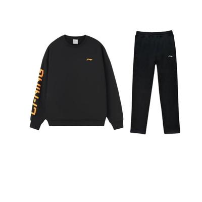 Li Ning Letter Print Fleece Loose Round Neck Pullover Long Sleeve Versatile Sweatshirt Set Unisex Sweatshirt Set Black YKLT415-1+-AWDRF44-1