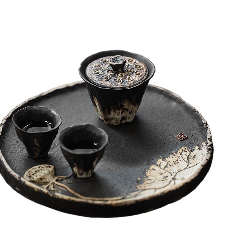 200ml Handmade Embossed Lotus Ceramic Tea TureeWabi Sabi Style Bowl Cover Coarse Ceramic Tea Set Bowl Cover Kung Fu Tea Set Gift