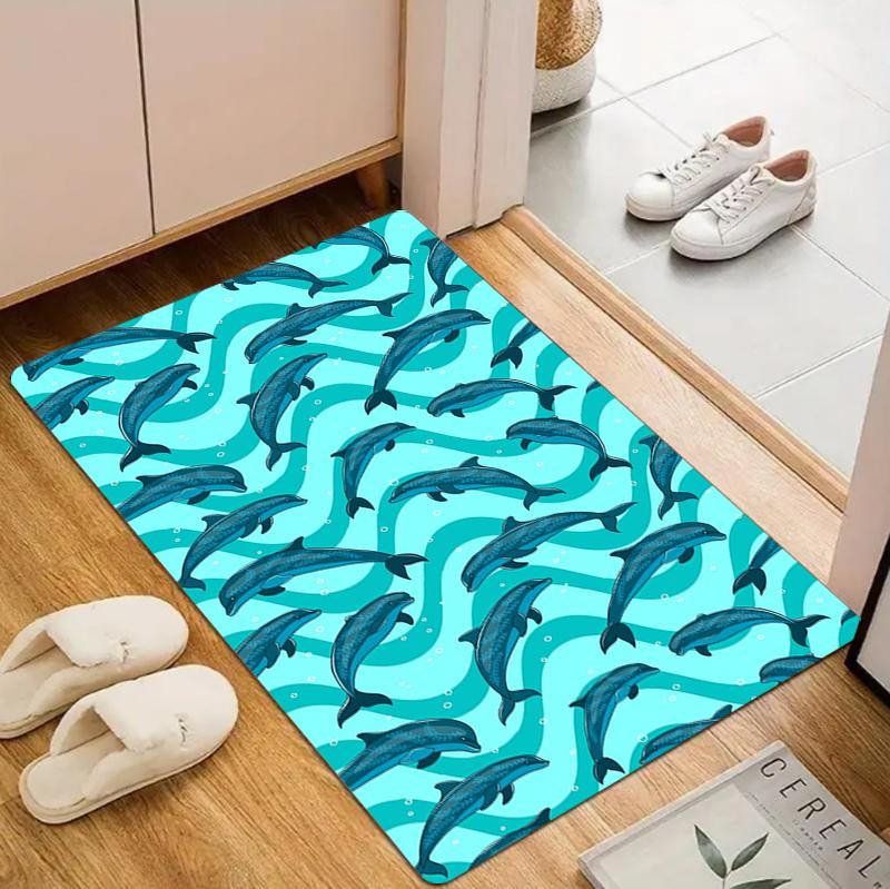 

Cute Dolphin Print Carpet Sea Star Ink Fish Octopus Pattern Door Mat Ocean Elements Cute Living Room Bedroom Entrance Carpet 40cm x 60cm