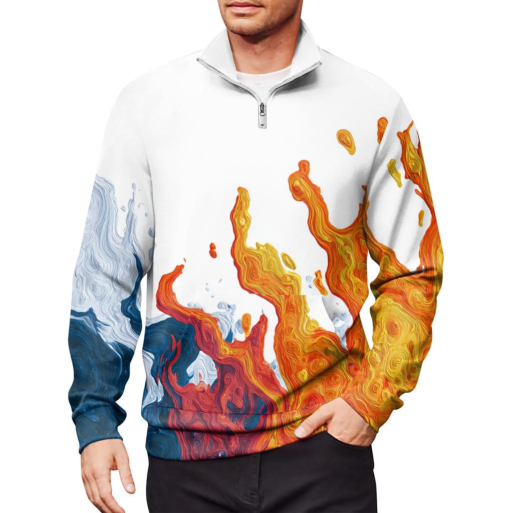 Men's Loose Casual 1/4 Zip Sweatshirt Fashion Printed Long Sleeve Top With Pockets