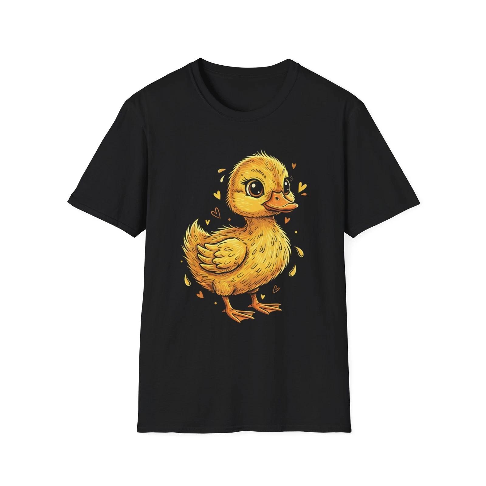 Cute Duckling Hearts Yellow Illustrated Black Tee Graphic T-Shirt S