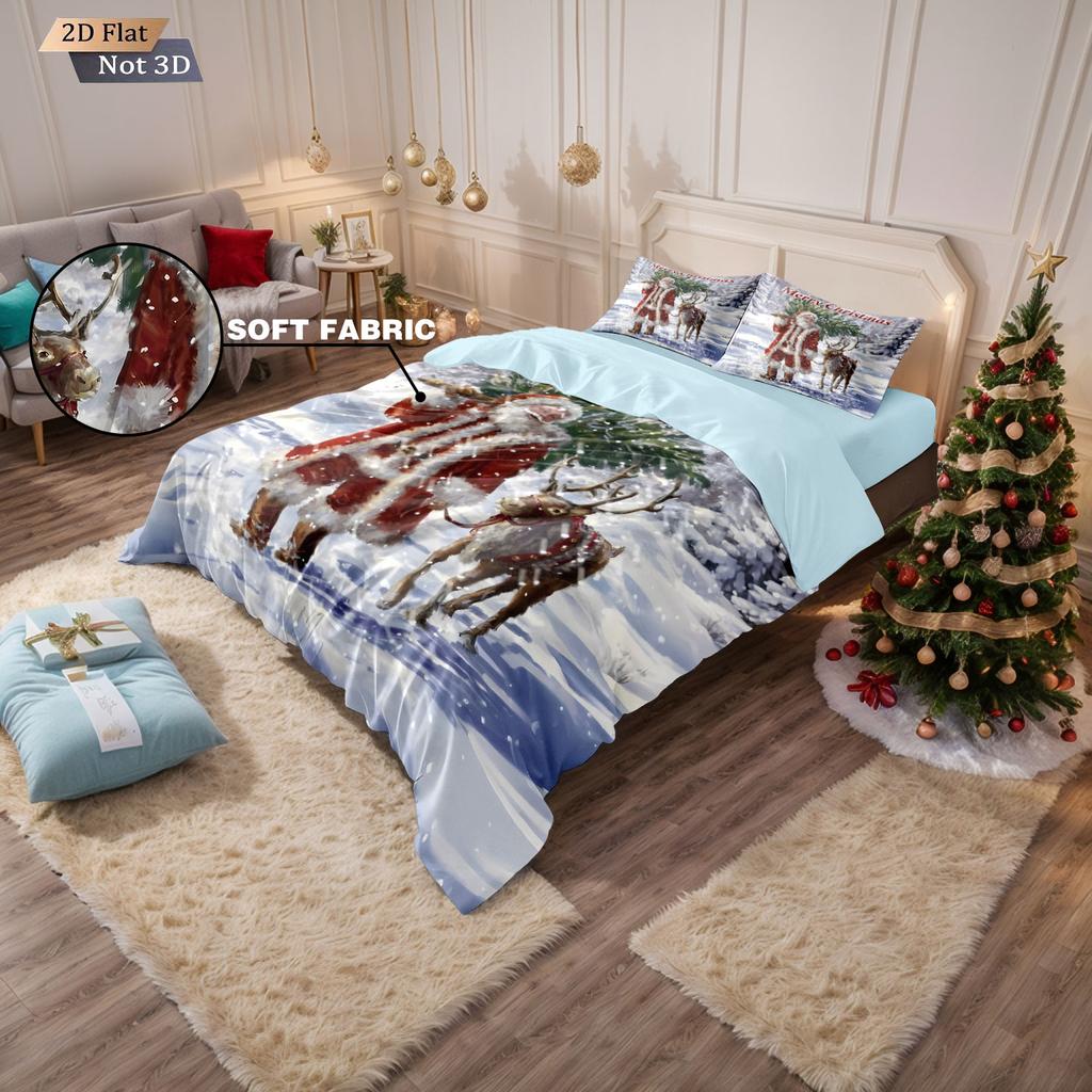 Juego de edredón sin chip de 3 piezas con estampado de Feliz Navidad, dormitorio de varios tamaños, ropa de cama para dormitorio, decoración navideña, lavable a máquina