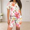 Women Plus Size Round Neck Short Sleeve Floral Printed White Two Piece Fitted Shorts Set