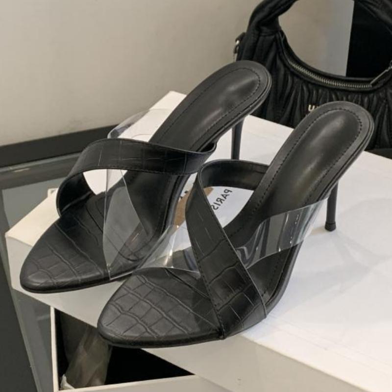 

Fashion Sexy Transparent PVC Cross Tied High Heel Slippers Women Fashion Pointed Toe Thin Heel Slide Sandals Elegant Banquet Dress Shoes 35 чёрный