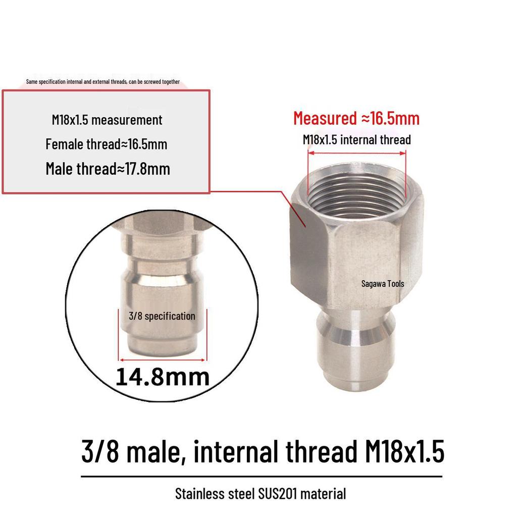 3/8" Stainless Steel Quick-Connect M18*1.5 for High-Pressure Car Wash Machine Water Gun Hose