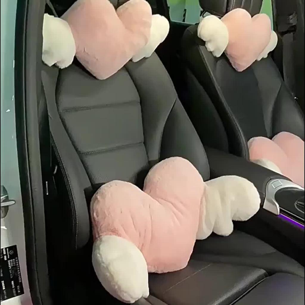 2pcs Plush Heart Car Pillow with Angel Wings - Neck Support for Seat - Fashionable Fabric Interior Accessories for Women's Car