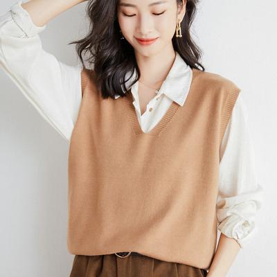 Collarless Solid Color Wool Viscose Knit Cotton Brown Temperament Commuting Hooded Vest for Women