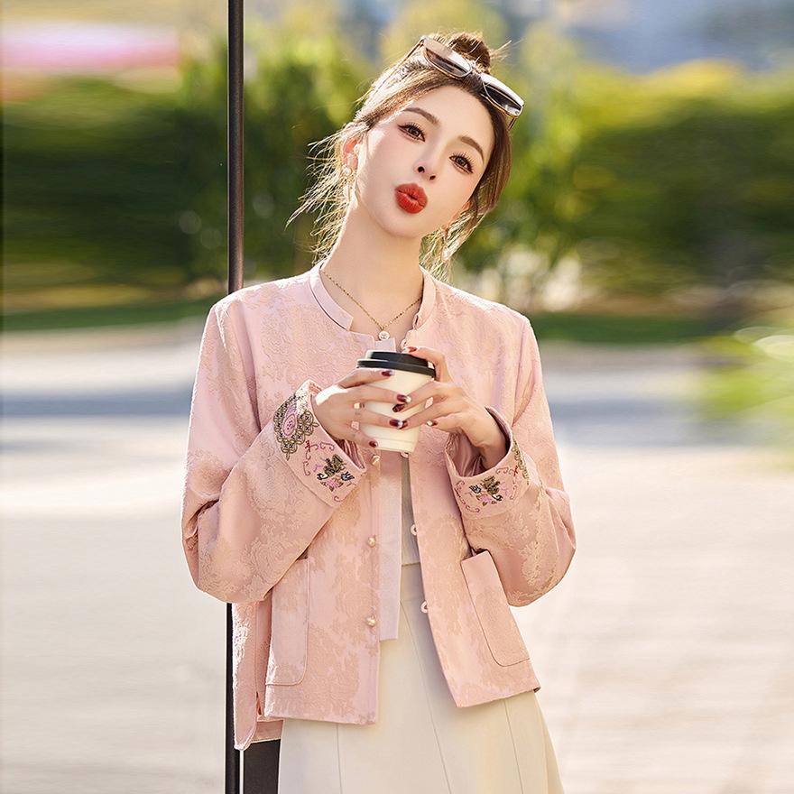 Pink coat women's short spring new jacquard embroidered front short back long top