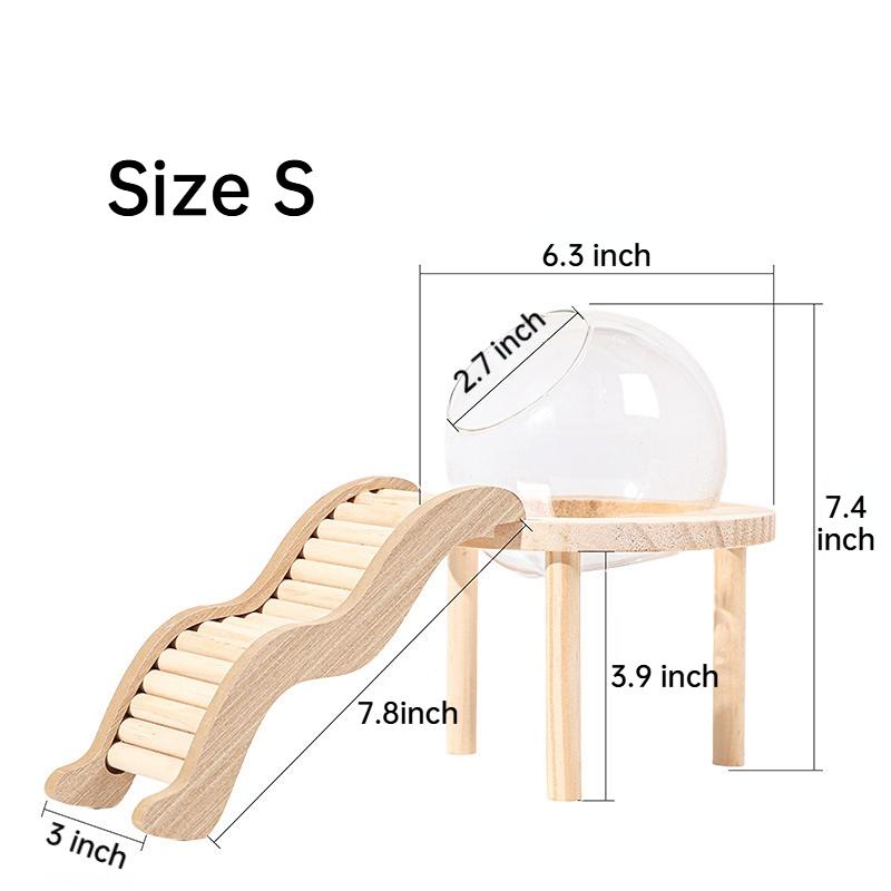 Hamster Bath House with Wooden Ladder Bridge Easy to Clean Climbing Toy Hamster Bathroom Glass Shower Container for Safe Bathing