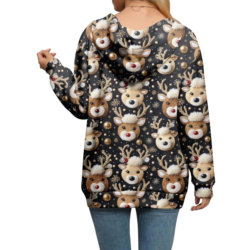 Sudadera con capucha de punto casual para mujer de moda con cremallera y manga larga con estampado navideño