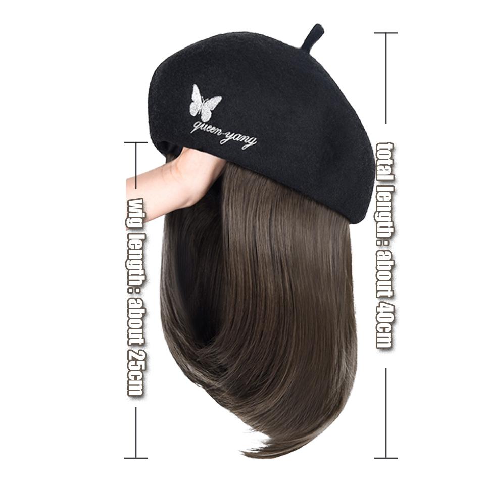 WTB Hat Wig Integrated Synthetic Wig Female Autumn And Winter Embroidery Butterfly Beret Clavicle Hair Straight Hair Hat Wig