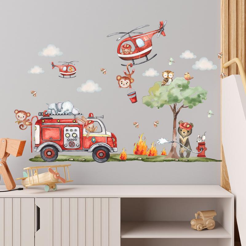 Camion dei Pompieri Animali Cartoni Animati Adesivi Murali per Bambini per Asilo Stanza dei Bambini Decorazione Camera da Letto Bambino