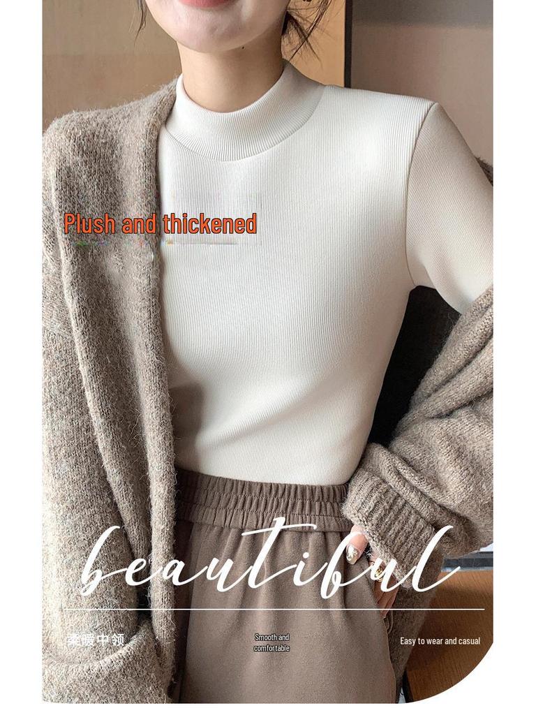 H331 Women's Slim Fit Knitted Half Turtleneck Sweater - Plus Velvet, Warm Long Sleeve Top for Autumn and Winter