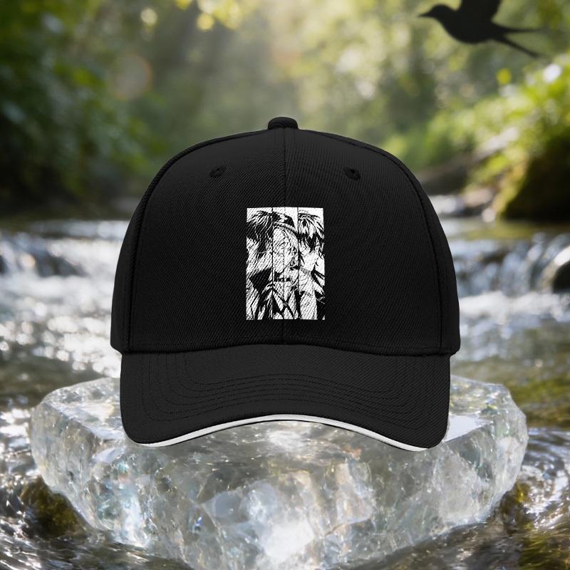 Anime 3-Person Black And White Split Sandwich Baseball Cap, Unisex Easy Lightweight Adjustable Outdoor Sun Hat, Ideal Gift for T