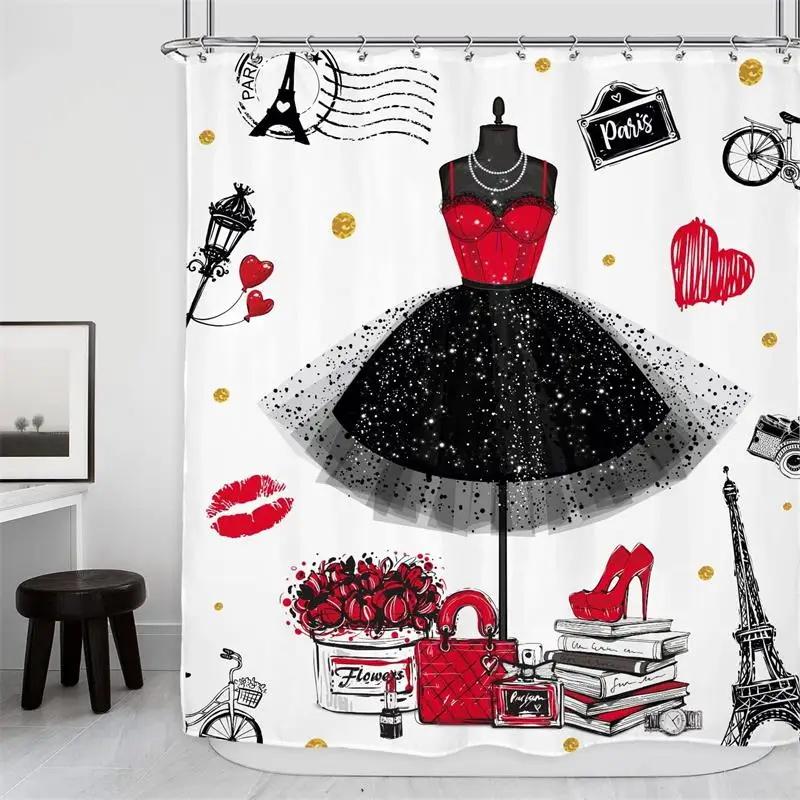 Pink Perfume High Heel Shower Curtain Set Black White Stripes Fashion Girl Woman Bathroom Decor Polyester Bathtub Curtains Hooks